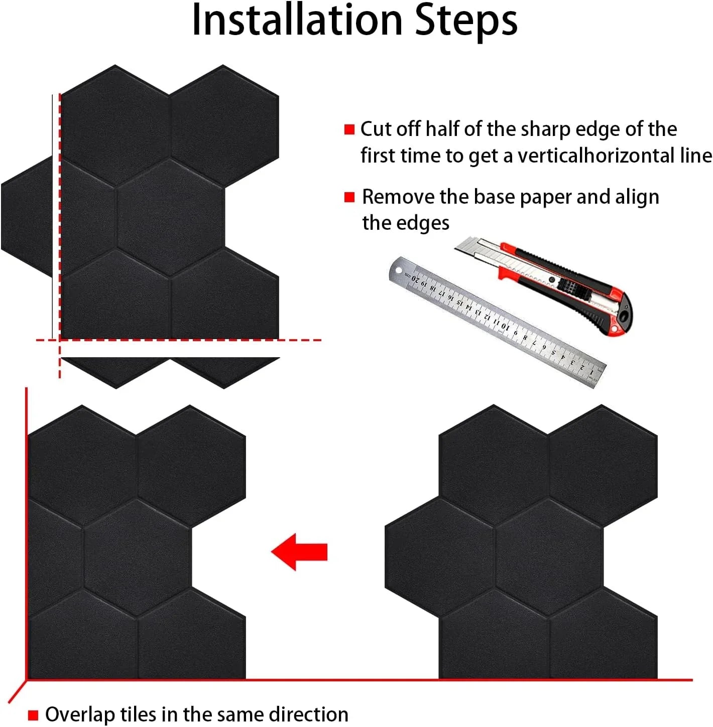 Real and Self Matte Black Tiles Bathroom(11.57''x10.35'',10-Sheet) Hexagon Big Adhesive 3D Stick Kitchen Peel PET Backsplash for