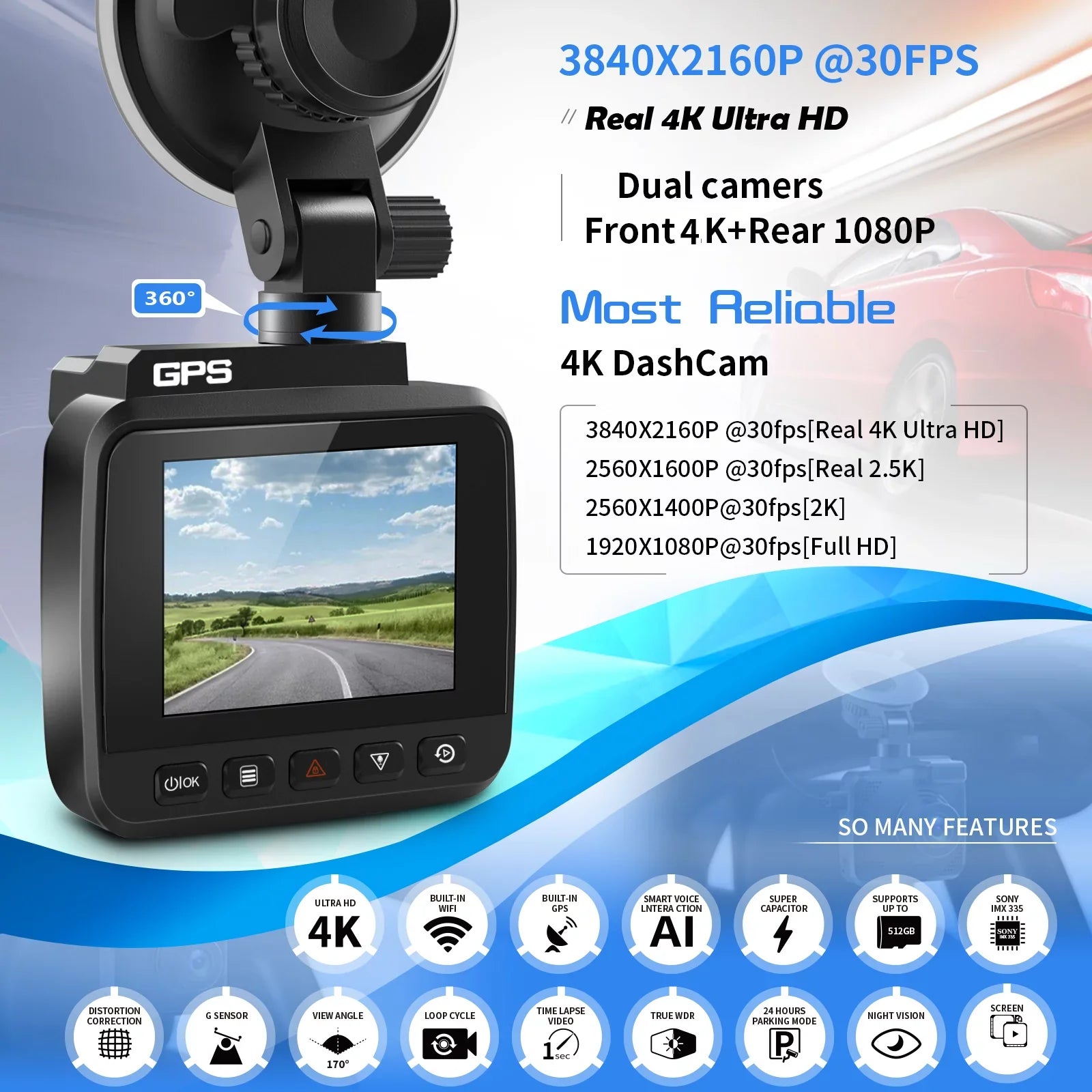 Driving 2160P & FHD Built-in 170° 4K Car for Recording, Rear Recorder Cam G-Sensor, Angle and Dash Camera, WDR, Monitor, Cam Night Parking Cars, Front with GPS Wide WiFi with Vision, Dash Loop