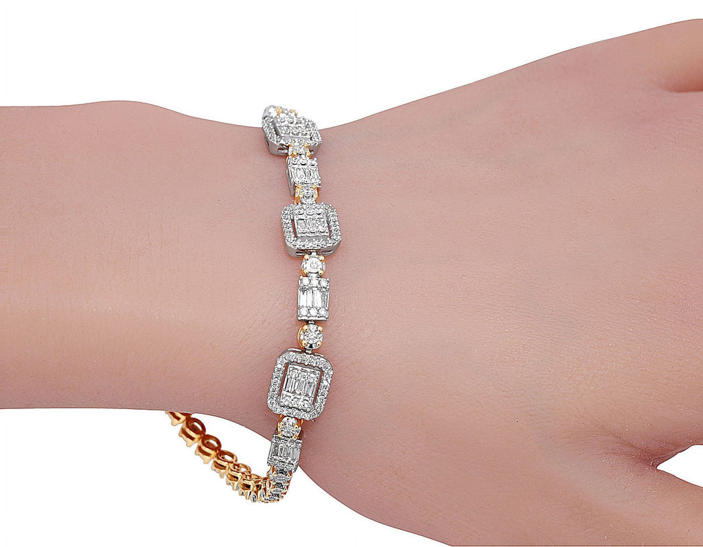 3MM Set 7" n CT Illusion Toni Diamond 1.30 Gold Cluster Baguette Halo Yellow-White Bracelet