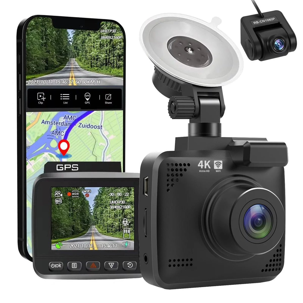 Driving 2160P & FHD Built-in 170° 4K Car for Recording, Rear Recorder Cam G-Sensor, Angle and Dash Camera, WDR, Monitor, Cam Night Parking Cars, Front with GPS Wide WiFi with Vision, Dash Loop