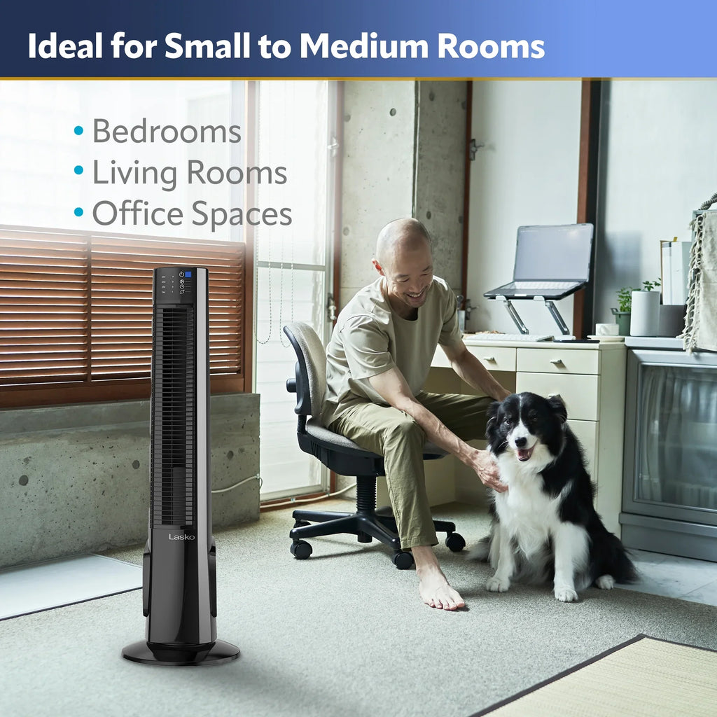Fan Hybrid 38" Lasko Remote Black/Silver, Tower Timer, New 4-Speed T38415, with Control,