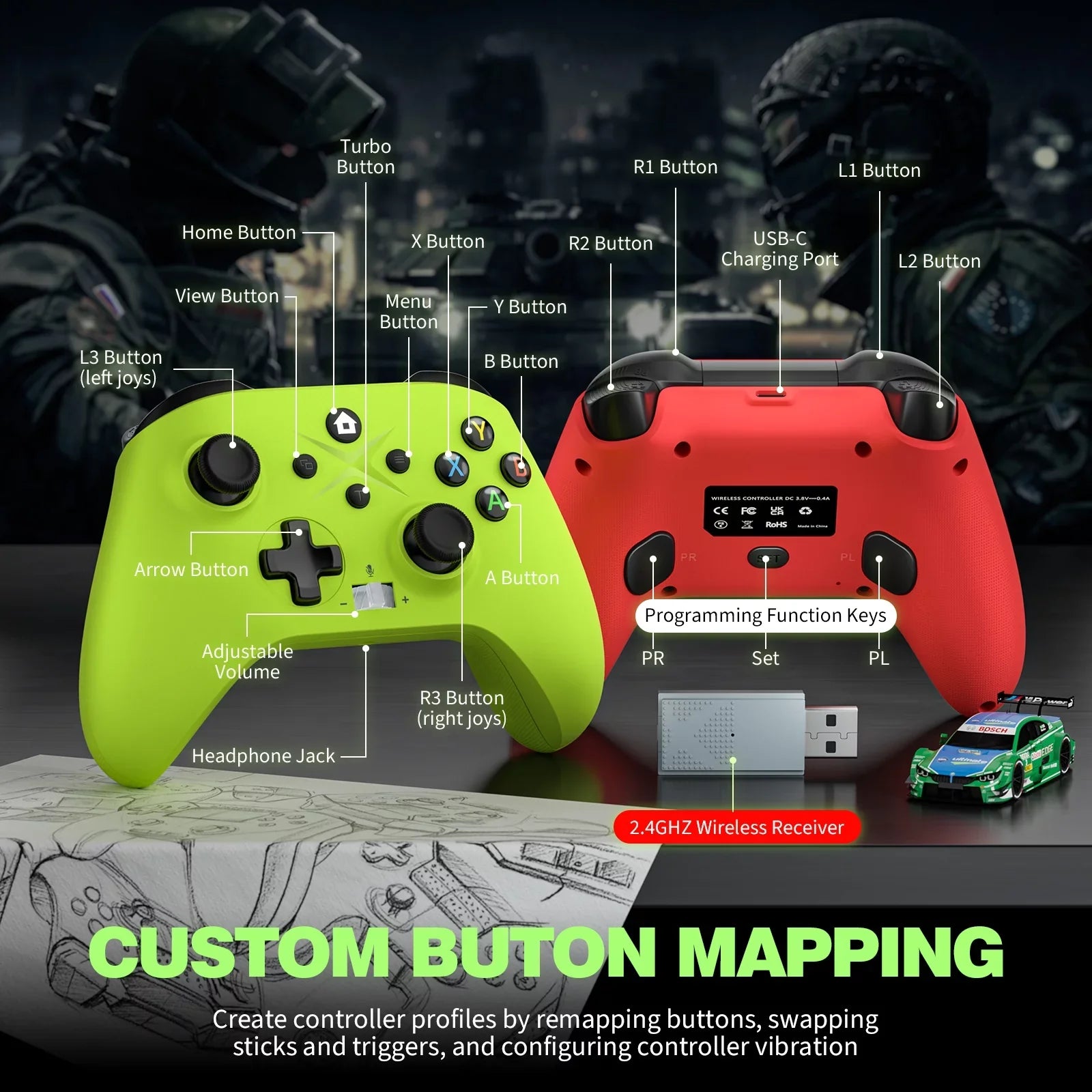 Xbox Battery One Jack Xbox Control X/S, for Green+Red with Pack Rechargeable Xbox Gamepad & Windows X/S, Controller Volume & - PC 2 10/11 Series Audio One, Button/Turbo/Macro/Motion Wireless Xbox