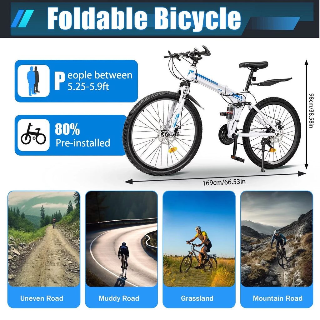 Disc Brake Bicycle Bike Bikes 26" MTB Mountain Folding Speed 21 SHZICMY Dual Men School