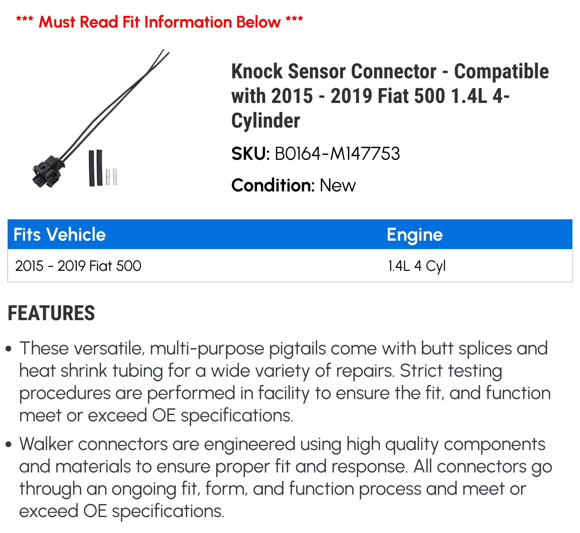 with - Compatible 500 2015 2019 Knock 2017 4-Cylinder 2018 - Connector 1.4L 2016 Fiat Sensor