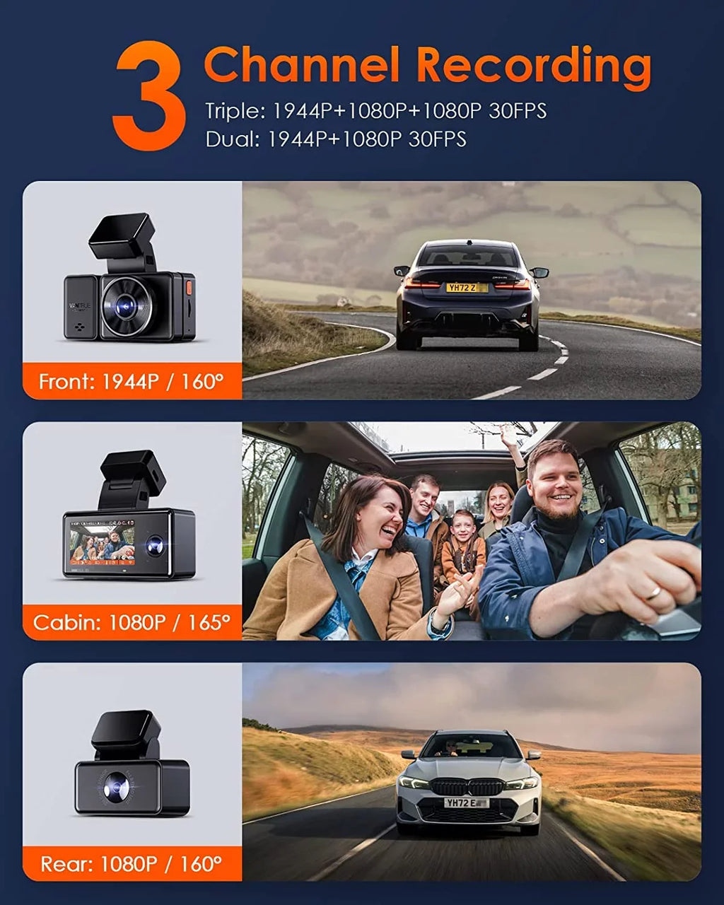 E3 Parking WiFi Vision, Triple Mode, Rear IR 1944P+1080P+1080P 512GB STARVIS Support Cam with GPS Hours Control, Night Way Camera Voice 3 2.5K 24 Dash and Channel Vantrue Front Dash 3 Max Inside,