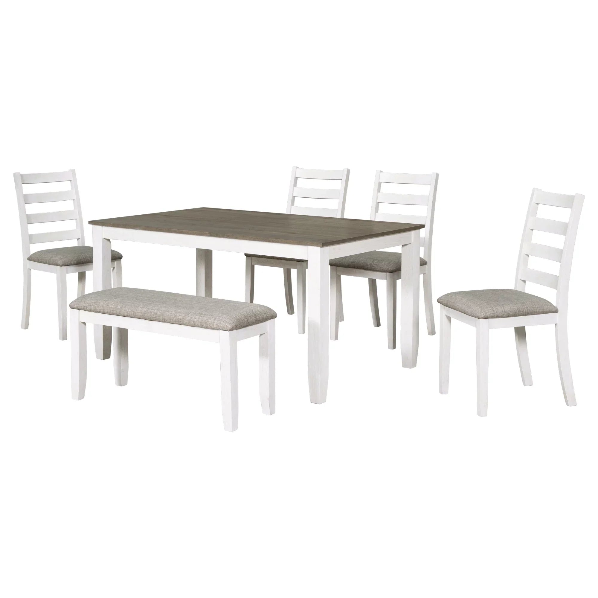 Rustic Upholstered With A 4 CoSoTower Whitewash Table Style Chairs Brown 6-Piece Dining & + Bench, Set Room