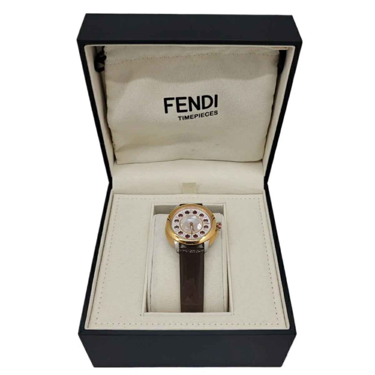 New) (Like Eye Spinel Clock Black Topaz SS Quartz FENDI Fendi Fashionable Colors Watch Enamel 3 Brown Women's Belt Shine Pre-Owned Shell
