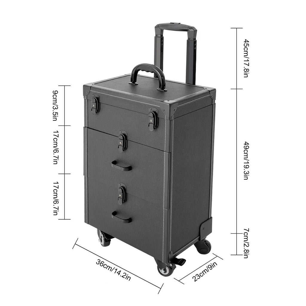4 ZhdnBhnos Rolling w/ Makeup Trolley Wheels Box Case & Cosmetic Storage Organizer Lock Train Polish (Black) Luggage Nail