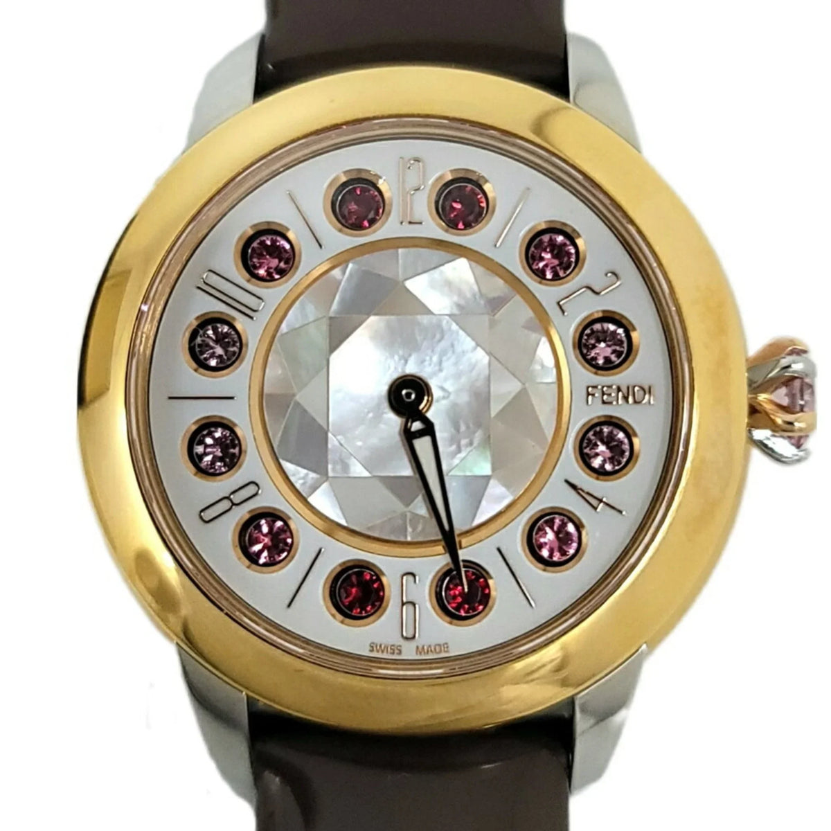 New) (Like Eye Spinel Clock Black Topaz SS Quartz FENDI Fendi Fashionable Colors Watch Enamel 3 Brown Women's Belt Shine Pre-Owned Shell