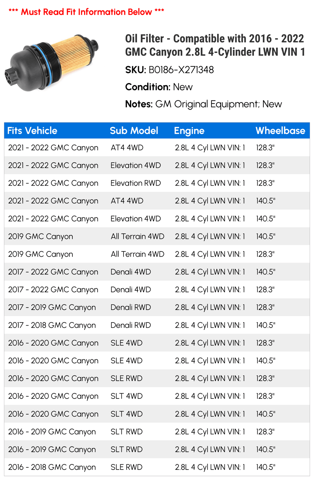 2021 Compatible 2018 2016 LWN 2017 4-Cylinder Filter - Oil Canyon 2.8L 2022 GMC with 2020 1 2019 - VIN