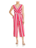 Pink Pocketed Neckline To Work LAGERFELD Tie Leg Striped Jumpsuit Wear KARL Zippered Sleeveless Womens 2 Self Surplice Wide Sash