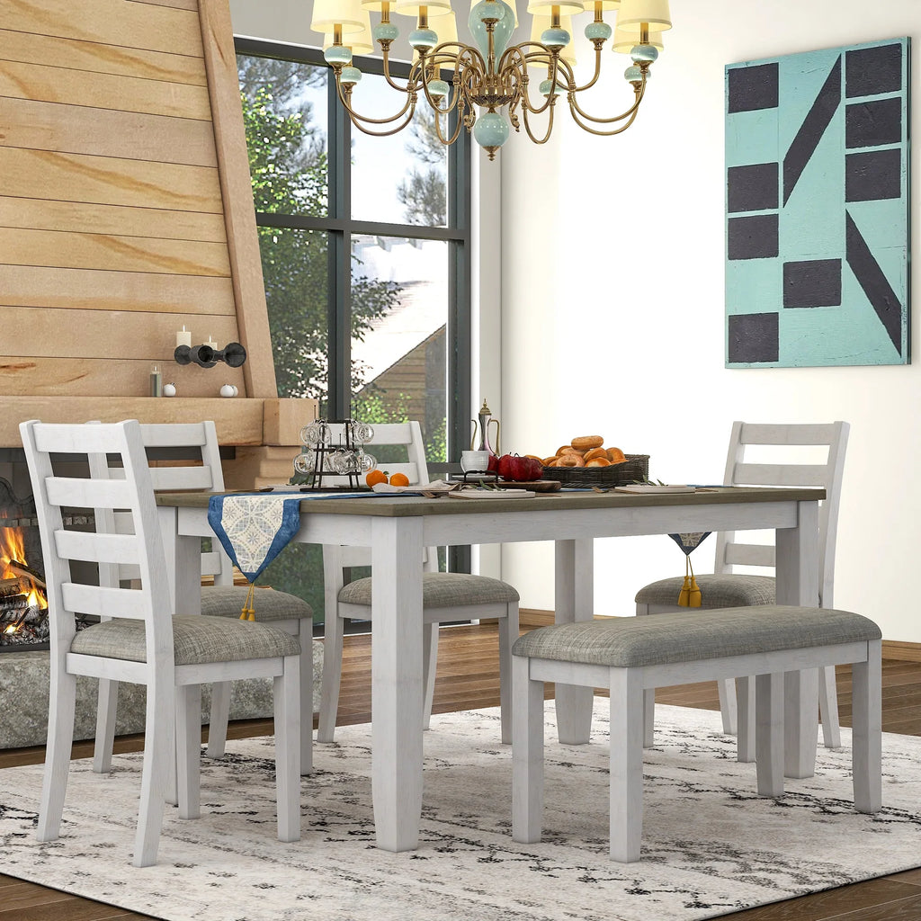 Rustic Upholstered With A 4 CoSoTower Whitewash Table Style Chairs Brown 6-Piece Dining & + Bench, Set Room