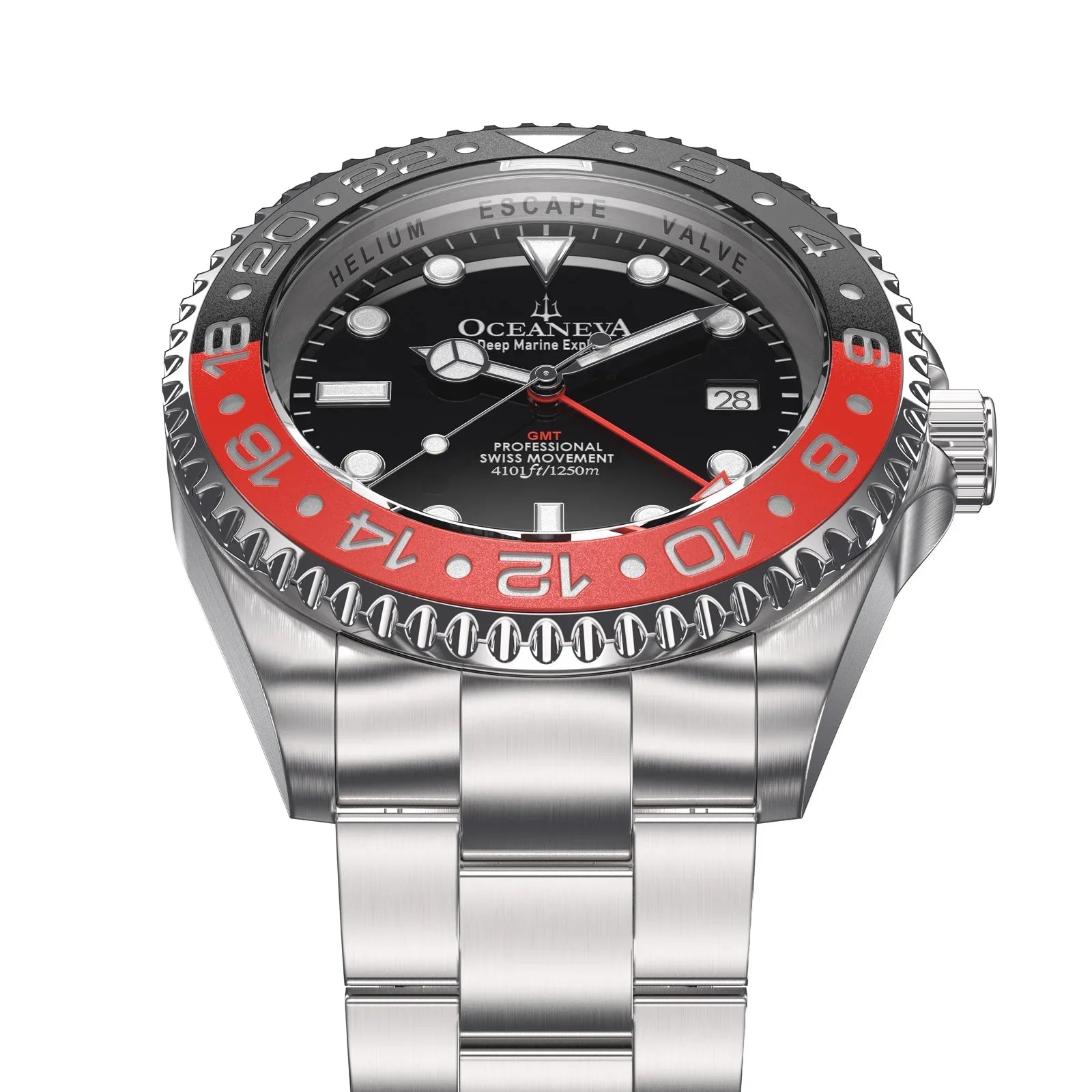 Men's Marine Diver Stainless and Explorer Swiss Movement 1250M Black- Watch Pro Bracelet Steel Oceaneva™ GMT Quartz, Red Deep