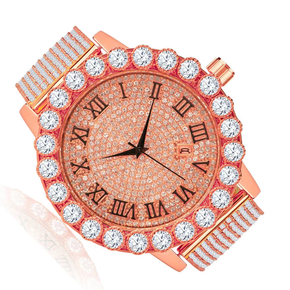 Rose Stainless Custom Finish Dial Lab Diamond Steel W/Date Khronos Bezel Gold 18K Watch Iced Row Out Roman 10 Men's Band Solitaire Back