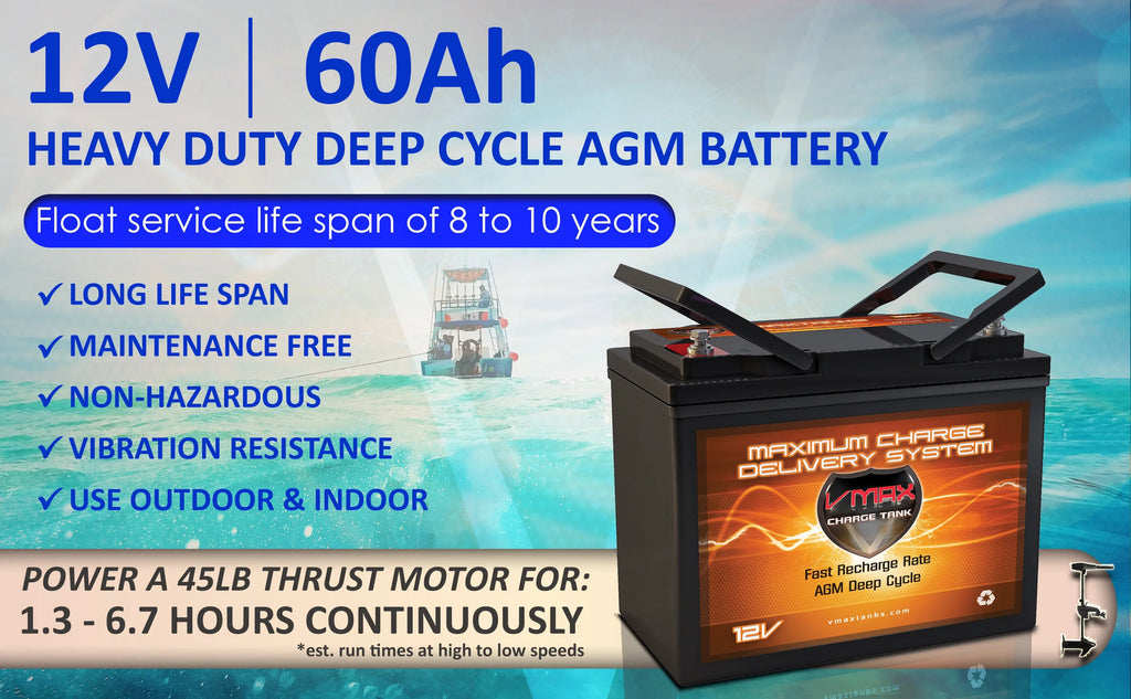 12V for 12V-40lb Trolling Deep Control AGM 60Ah Minn Motor Max Hand MR96-60 - Endura VMAX Cycle Kota Battery 40 Marine