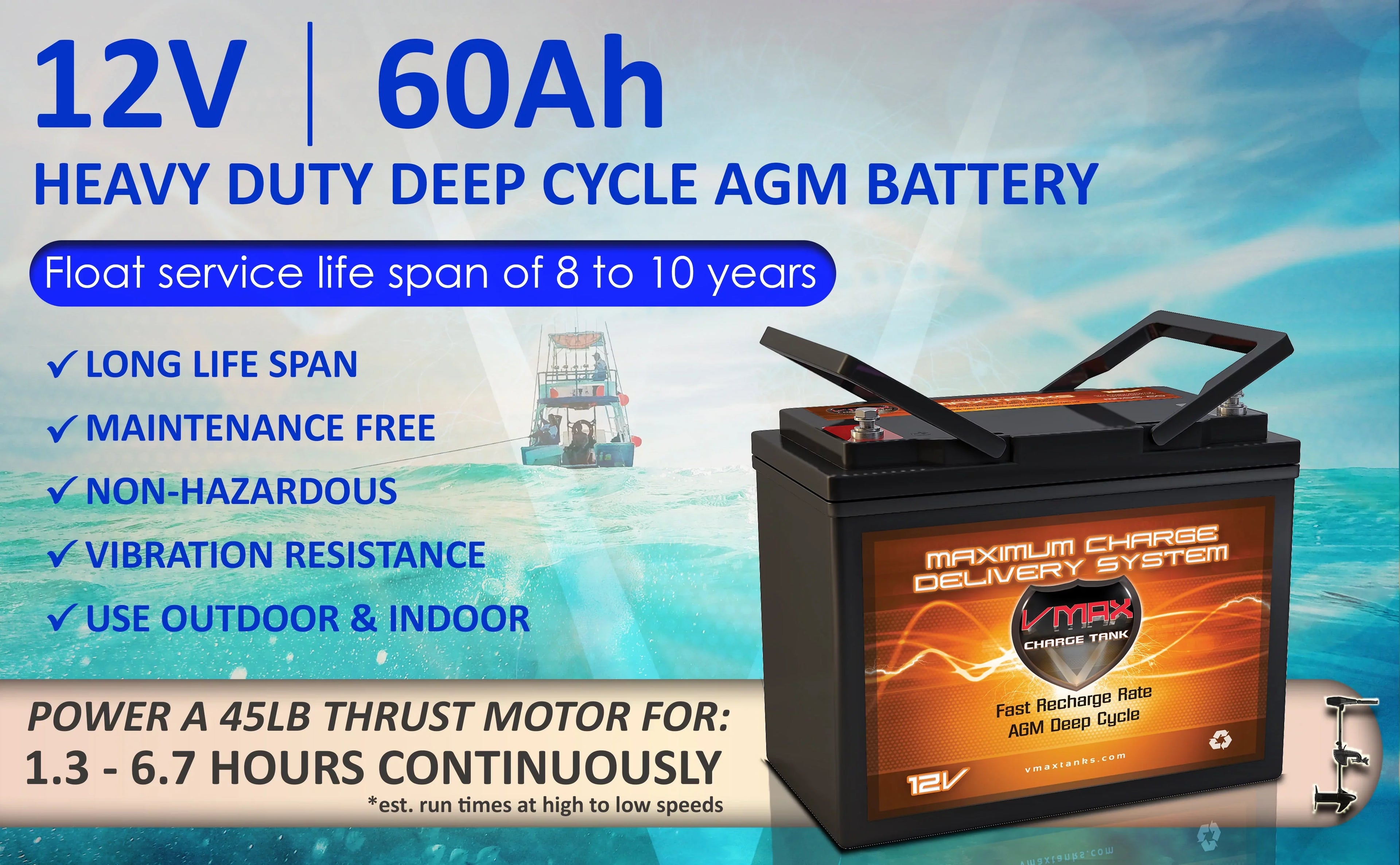 12V for 12V-40lb Trolling Deep Control AGM 60Ah Minn Motor Max Hand MR96-60 - Endura VMAX Cycle Kota Battery 40 Marine