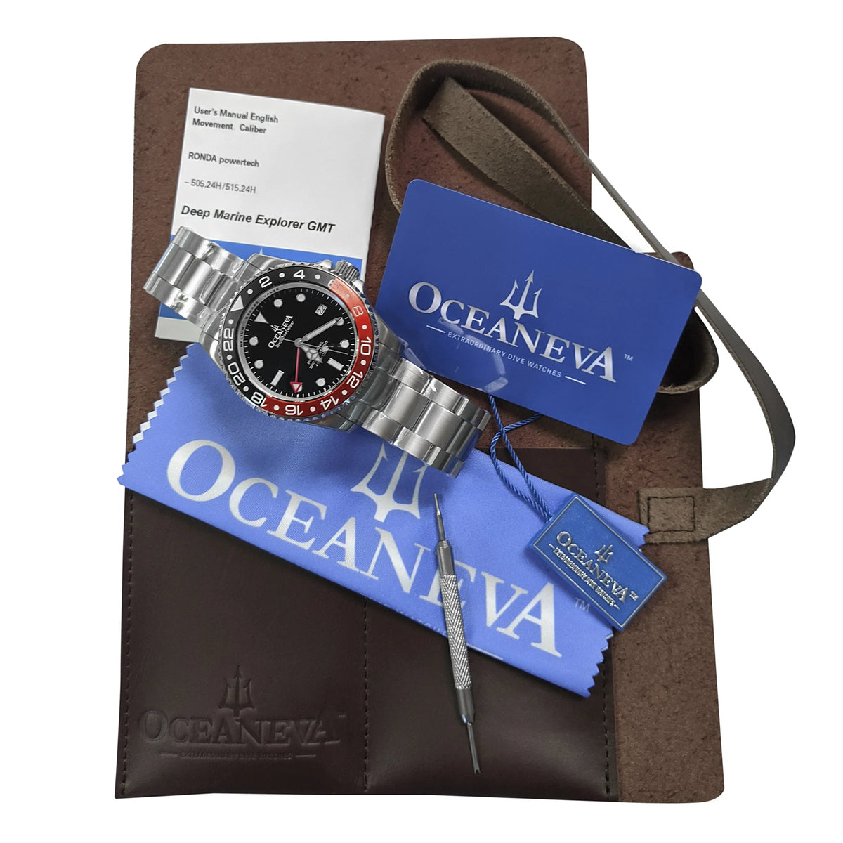 Men's Marine Diver Stainless and Explorer Swiss Movement 1250M Black- Watch Pro Bracelet Steel Oceaneva™ GMT Quartz, Red Deep