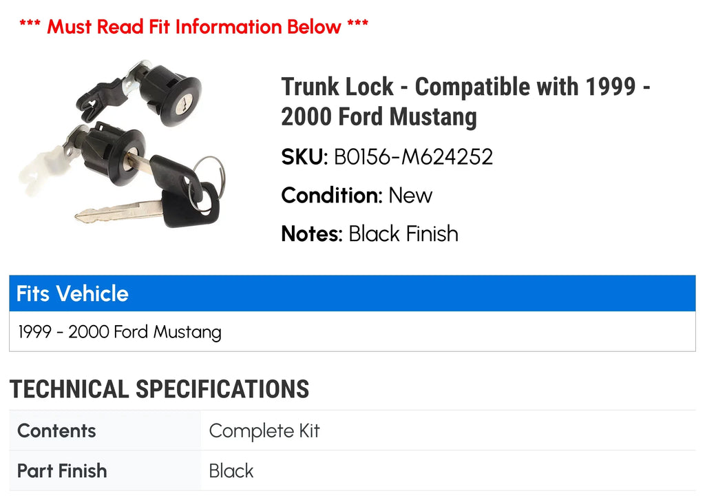 '- with 2000 Compatible 1999 Trunk Mustang Ford - Lock