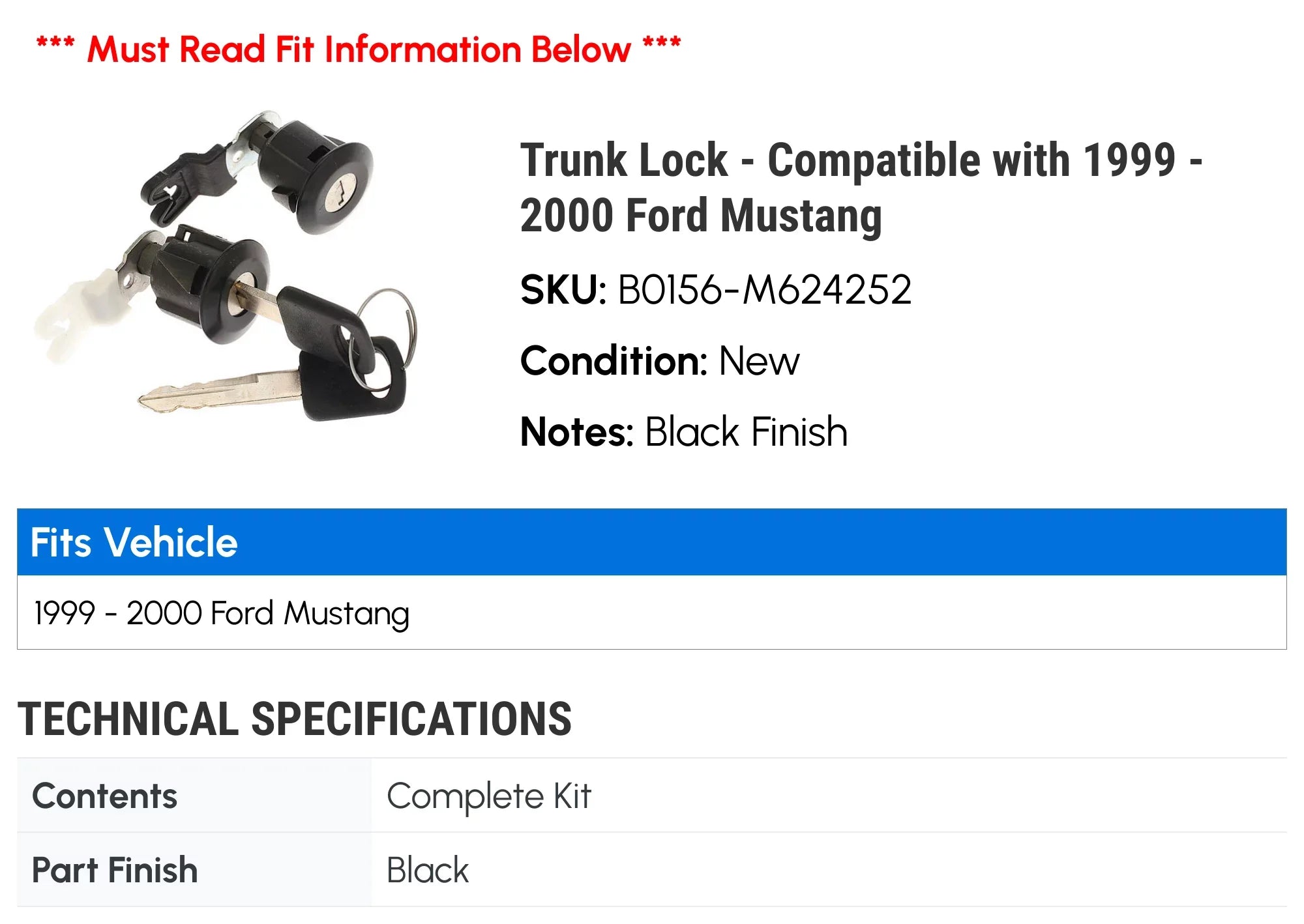 '- with 2000 Compatible 1999 Trunk Mustang Ford - Lock