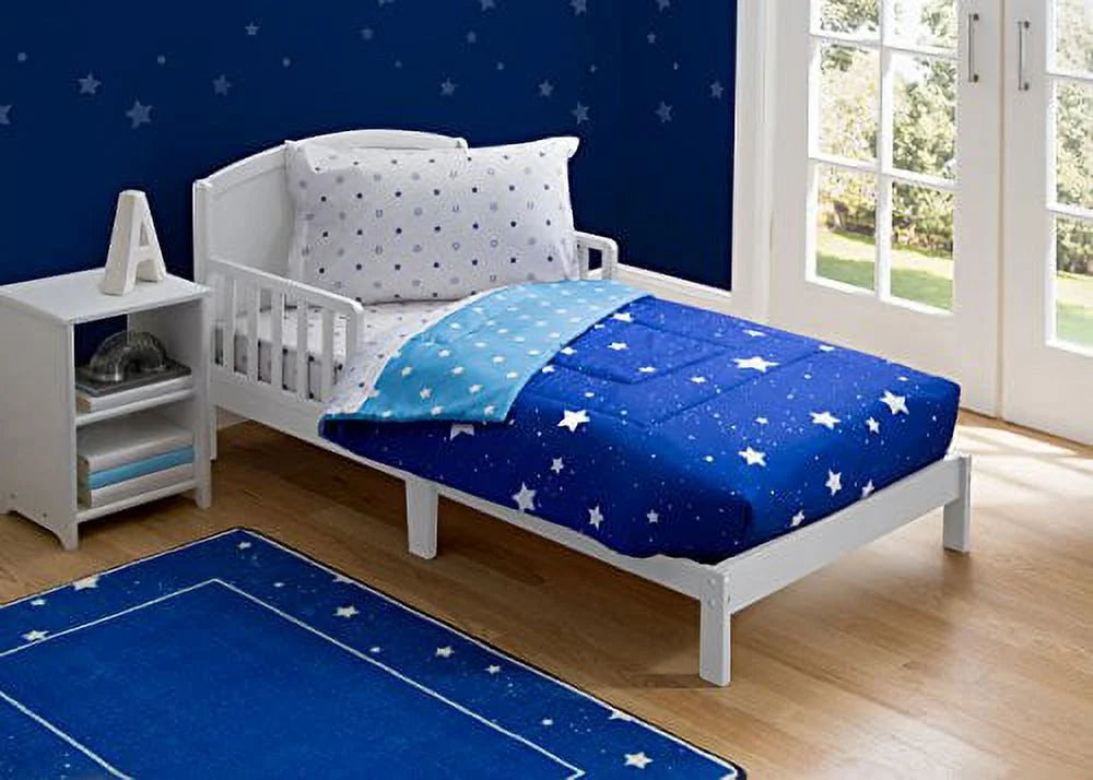 Toddler bottom, Collection | | bottom, | Piece | Comforter Night Children Boys Elastic Top Stars w/ Delta Pillowcase Fitted w/ Bedding Set Blue Elastic Flat 4 Fitted Boys Sheet Sheet, Starry |