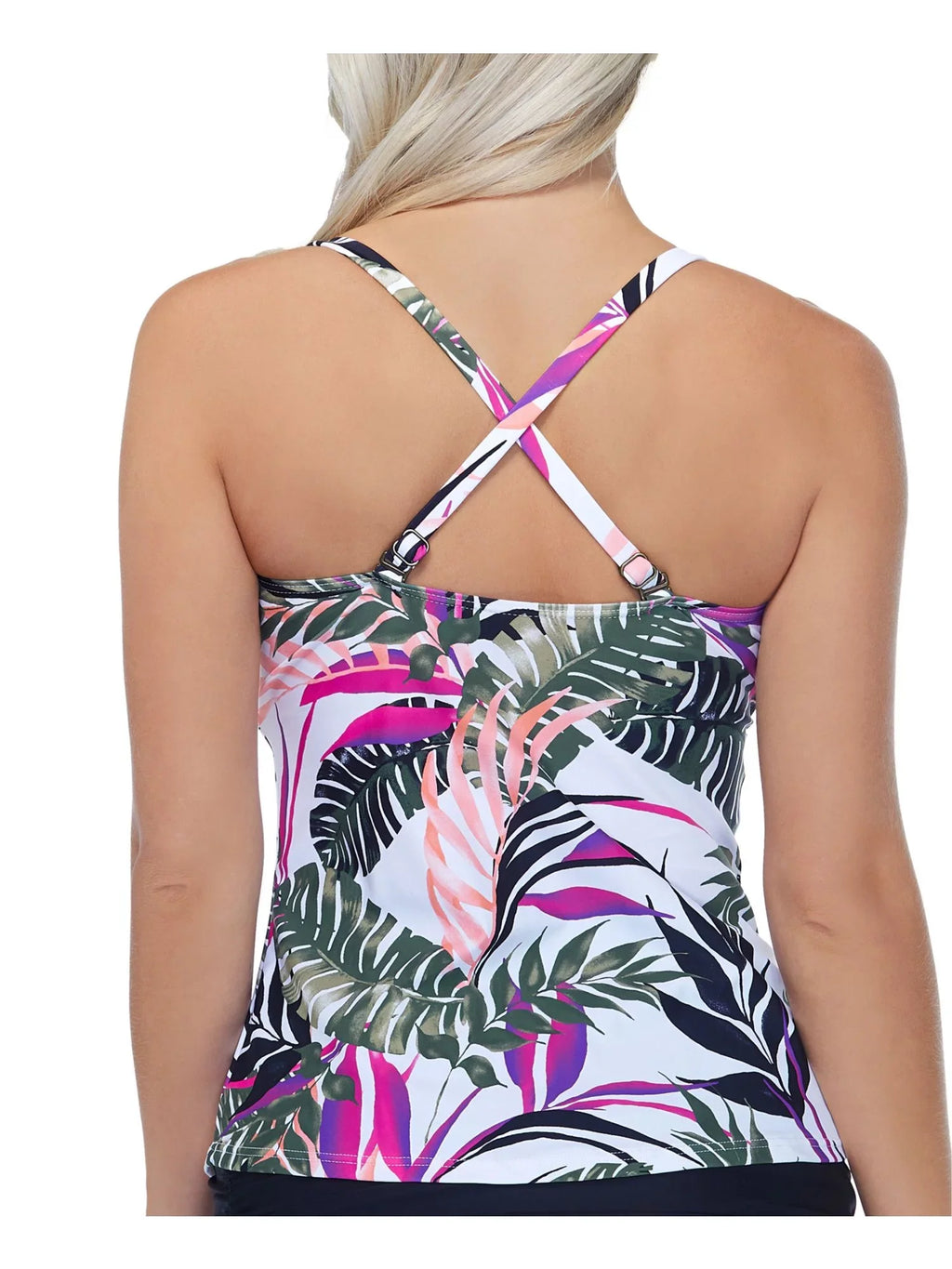 Tankini Top White Swimsuit 12 ESCAPE Palms Print Tropical Ruffled Aloha Stretch Women's Sweetheart ISLAND Neck