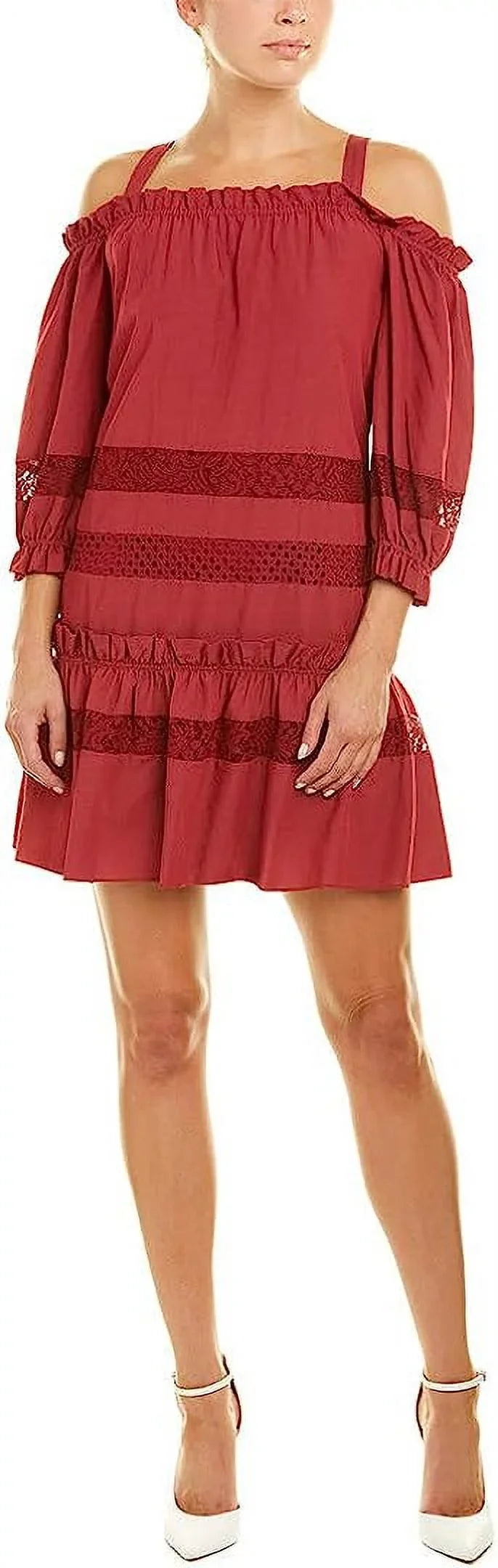 BCBGMax Azria Dress, RED, XS TIBETAN Insert Shoulder Lace Women's Cold