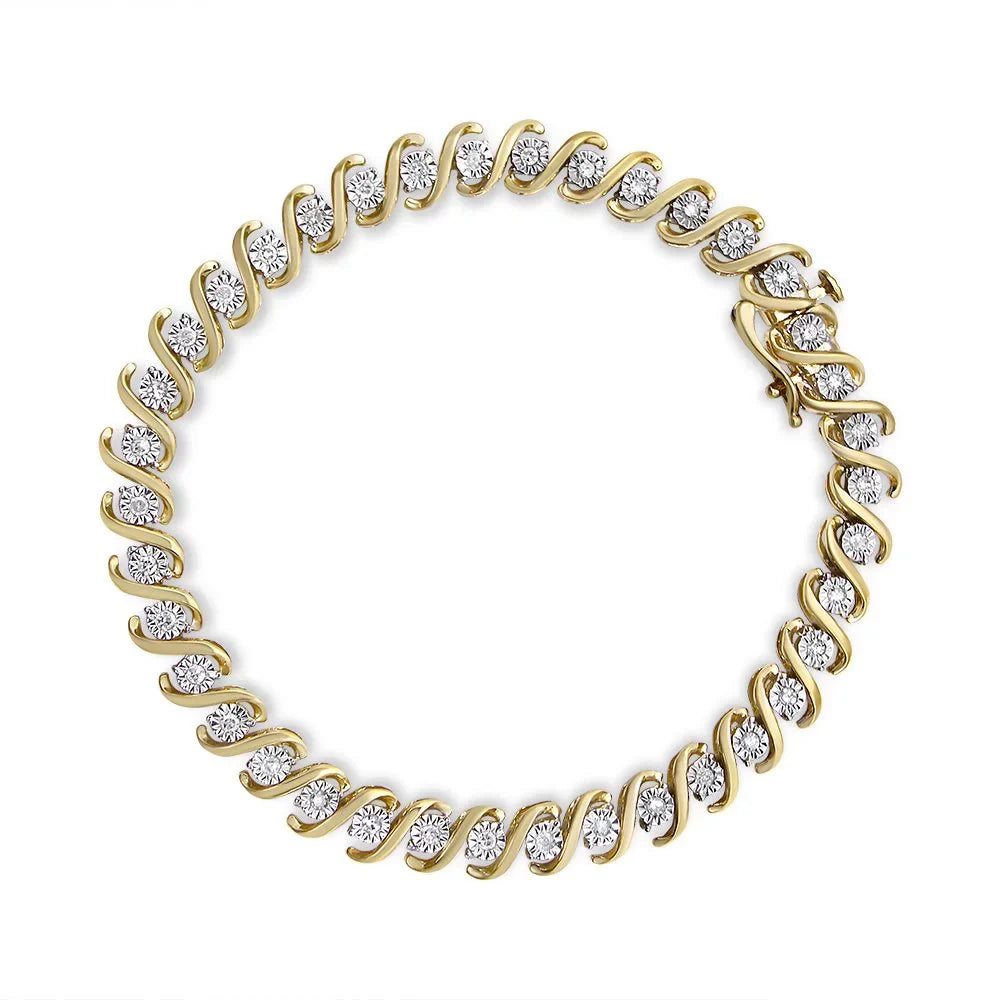 Color, 7" 14K Cttw Miracle-Set Clarity) Diamond Round - .925 Silver Sterling Bracelet 1/2 Tennis Plated S-Curve I3 Yellow Gold (I-J