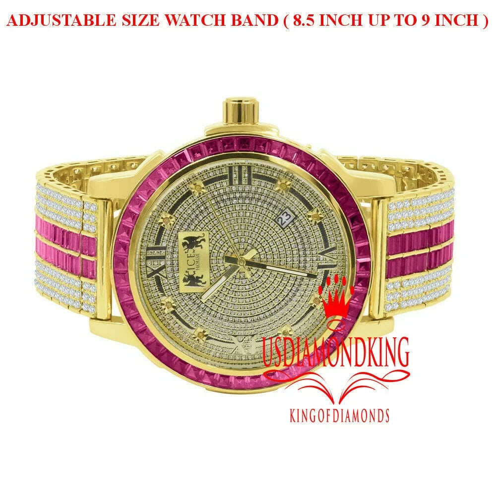 Stainless Gold Tourmaline Bezel Pink Mens Dial Watch Real Steel Tone Custom Diamond
