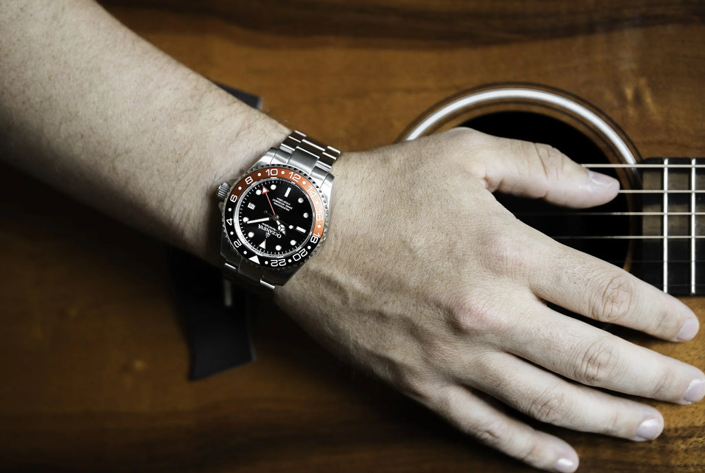 Men's Marine Diver Stainless and Explorer Swiss Movement 1250M Black- Watch Pro Bracelet Steel Oceaneva™ GMT Quartz, Red Deep
