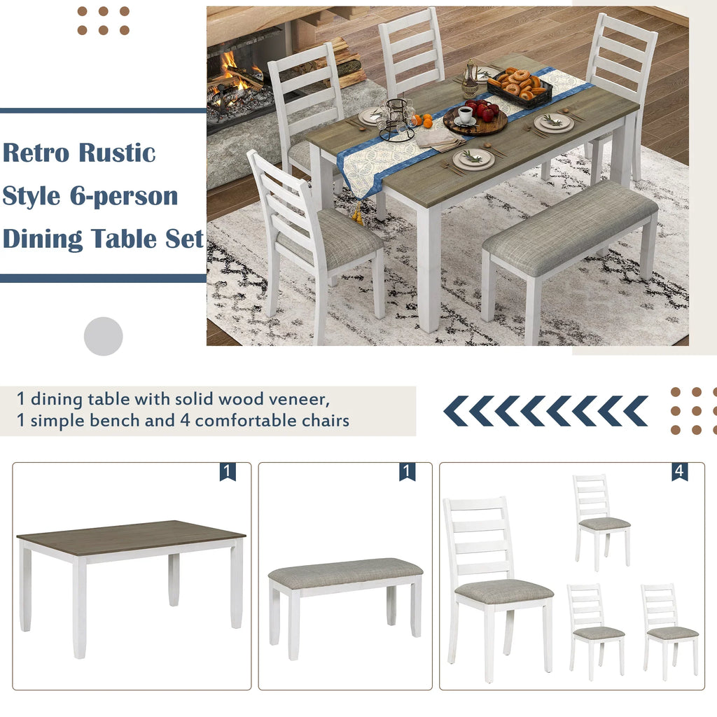 Rustic Upholstered With A 4 CoSoTower Whitewash Table Style Chairs Brown 6-Piece Dining & + Bench, Set Room