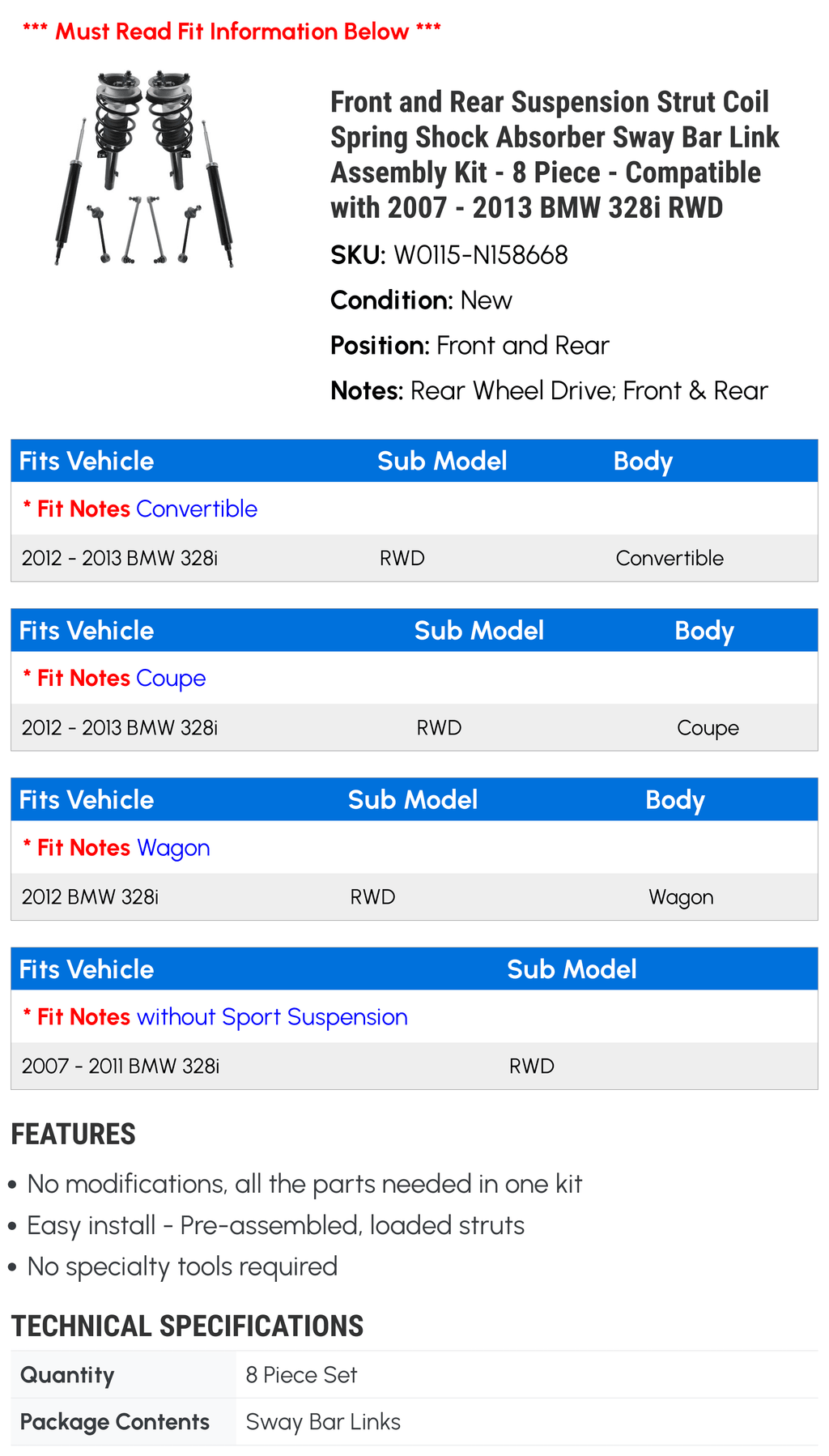 328i 2007 Absorber Front Strut - Compatible and - Piece Assembly 2012 - Bar 2009 2010 2013 Coil 8 Shock RWD 2008 Kit Suspension 2011 with BMW Rear Spring Sway Link