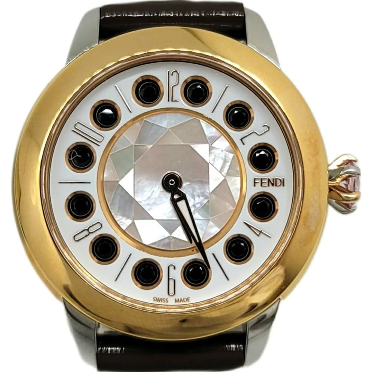 New) (Like Eye Spinel Clock Black Topaz SS Quartz FENDI Fendi Fashionable Colors Watch Enamel 3 Brown Women's Belt Shine Pre-Owned Shell
