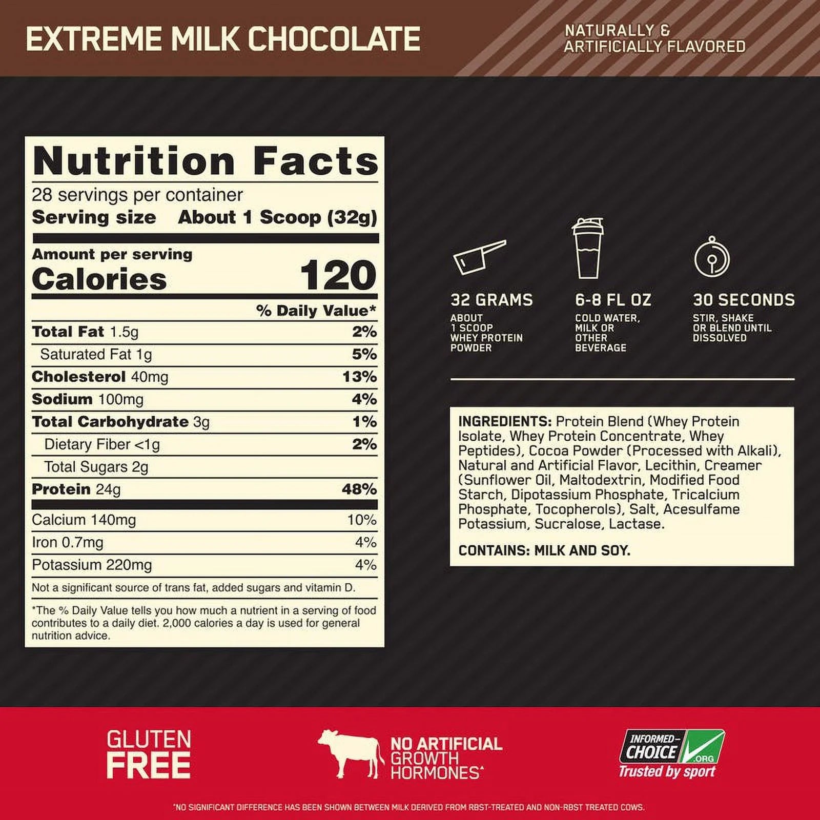 Chocolate, Protein Whey 28 Optimum 24g Protein, Gold Milk Nutrition, Powder, lb, 100% 2 Extreme Servings Standard