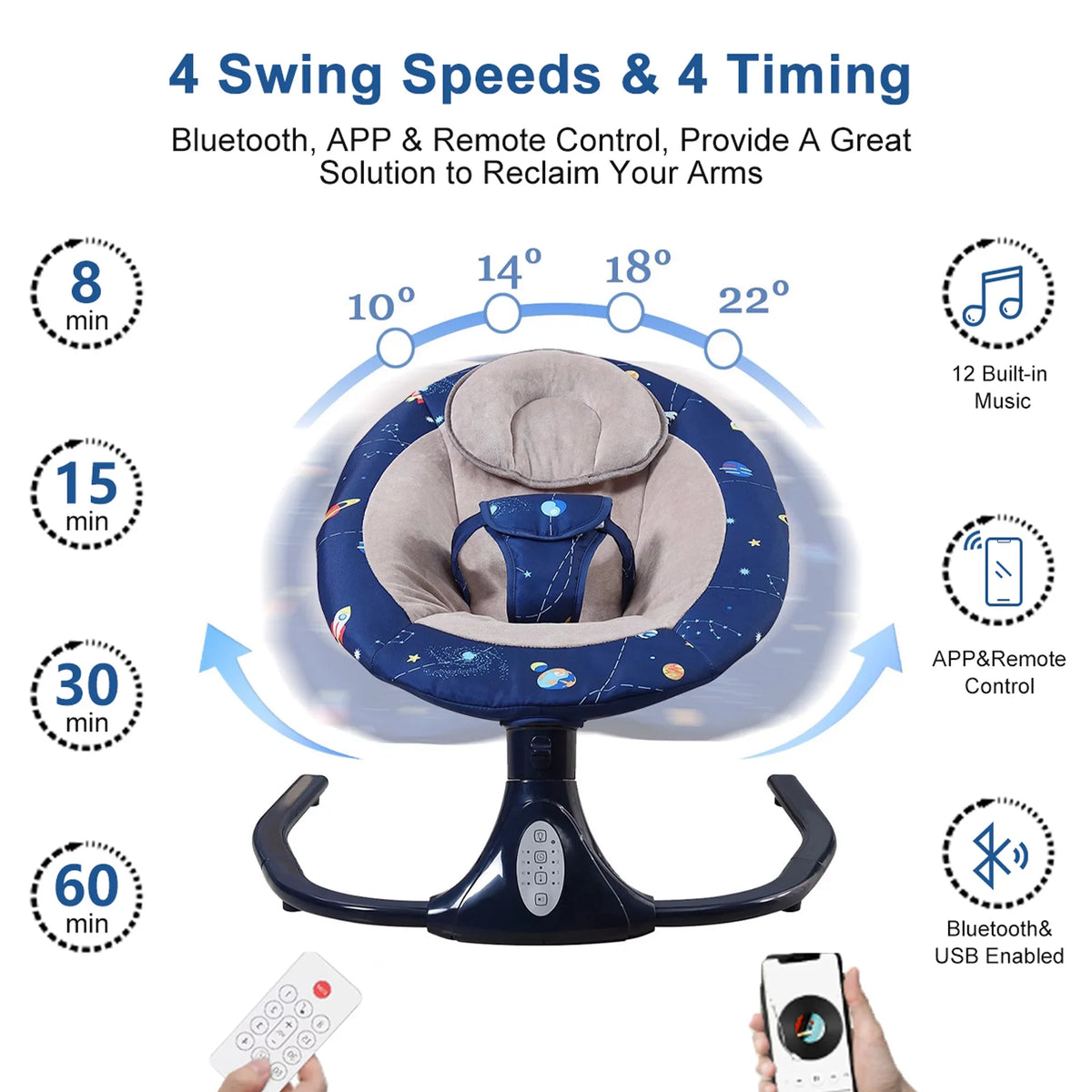 Seat Indoor Bluetooth Outdoor, Baby 3 Positions, 4 Baby with for and Blue Control Infants, Swings Infant Speaker for with Swing Music Swing Speeds Portable Remote and -