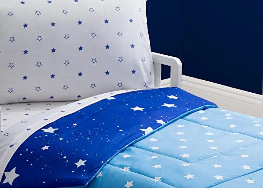 Toddler bottom, Collection | | bottom, | Piece | Comforter Night Children Boys Elastic Top Stars w/ Delta Pillowcase Fitted w/ Bedding Set Blue Elastic Flat 4 Fitted Boys Sheet Sheet, Starry |