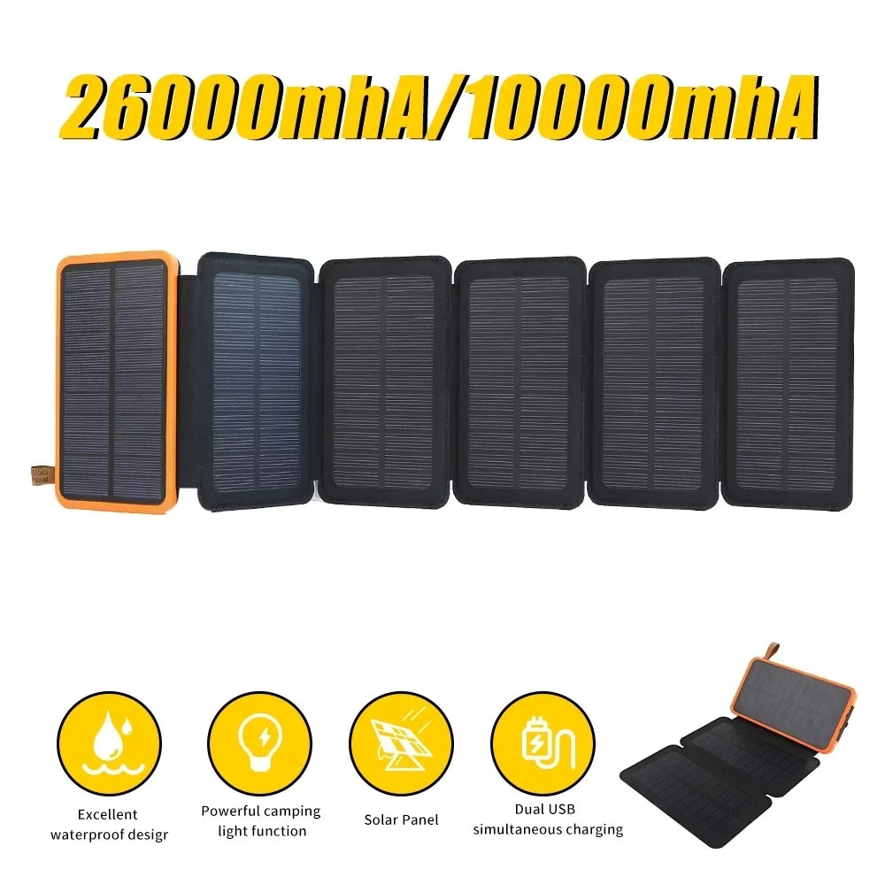 Battery Charger Tablets Fast Portable Phones, Bank, Power 26000mAh, Outdoor Charge Pack Solar for USB