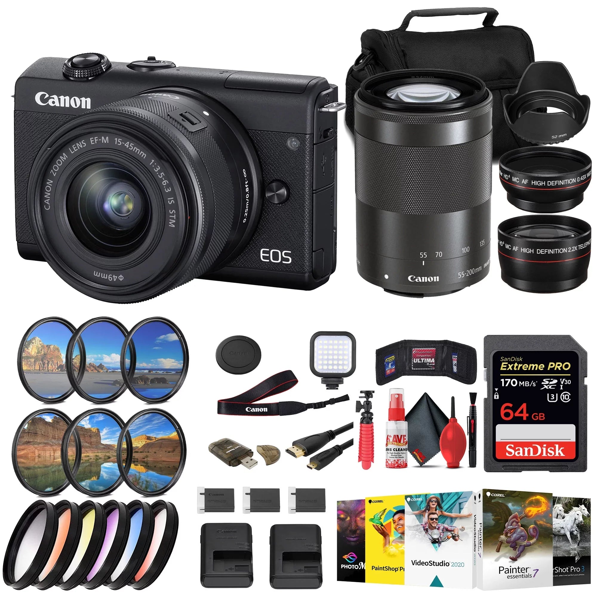 '+ + x (3699C009) Lenses (Black) Mirrorless Reader Charger LPE12 More Canon EOS Card + 55-200mm 15-45mm 64GB Filter Kit + M200 2 Kit Color + 2 with + Filter Camera and Card Battery x +