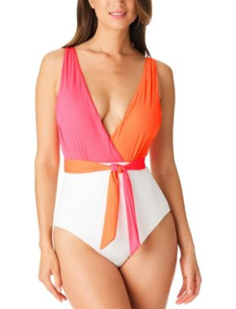 WHITE Colorblocked MULTI One-Piece US Tie-Front Large Sanctuary Swimsuit,