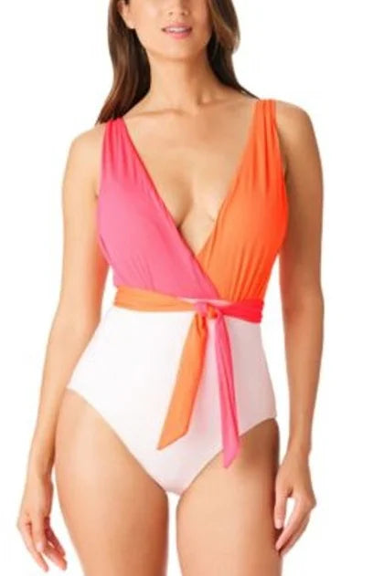WHITE Colorblocked MULTI One-Piece US Tie-Front Large Sanctuary Swimsuit,