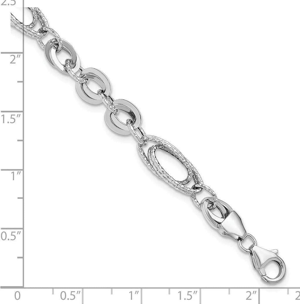 Oval Polished White Avariah Gold Fancy Italy Bracelet Textured 7.75"- 14k Made Diamonds Link In - &