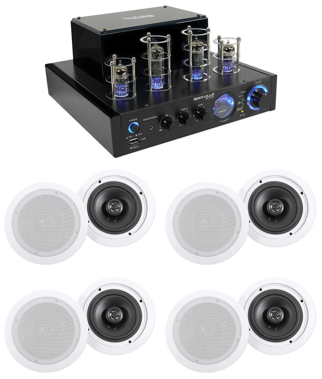 Amp/Home Rockville Ceiling 6.5" Theater Receiver+(8) Speakers LED White Tube