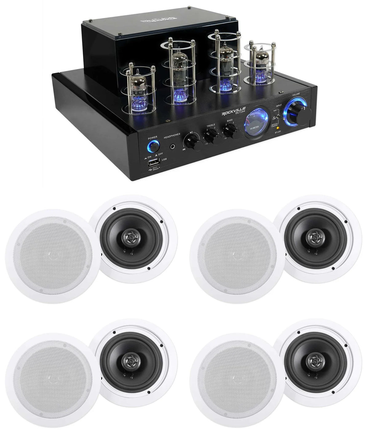 Amp/Home Rockville Ceiling 6.5" Theater Receiver+(8) Speakers LED White Tube