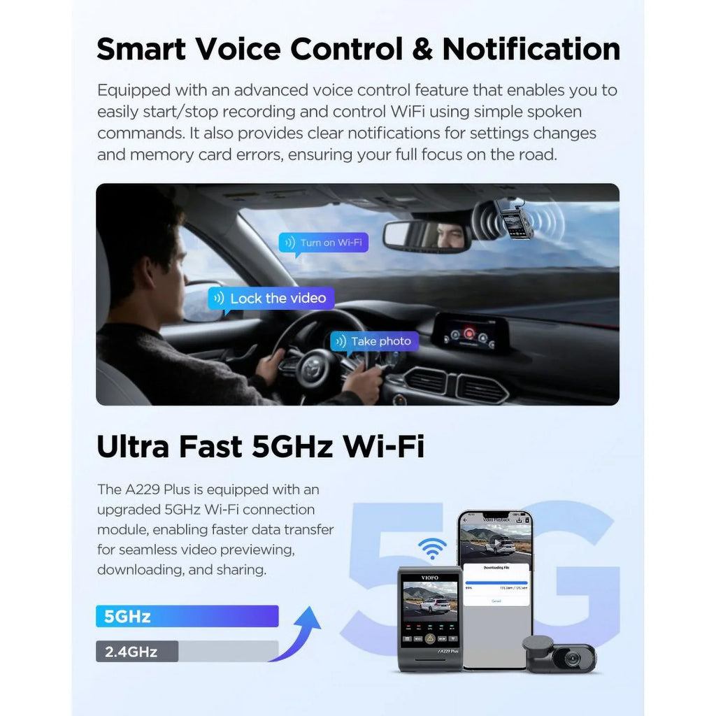 STARVIS Mode, 2-Channel 2K/2K Cam Dash Wi-Fi, Control, Support with Max 2, VIOFO QHD Voice Parking Plus 512GB A229 GPS,