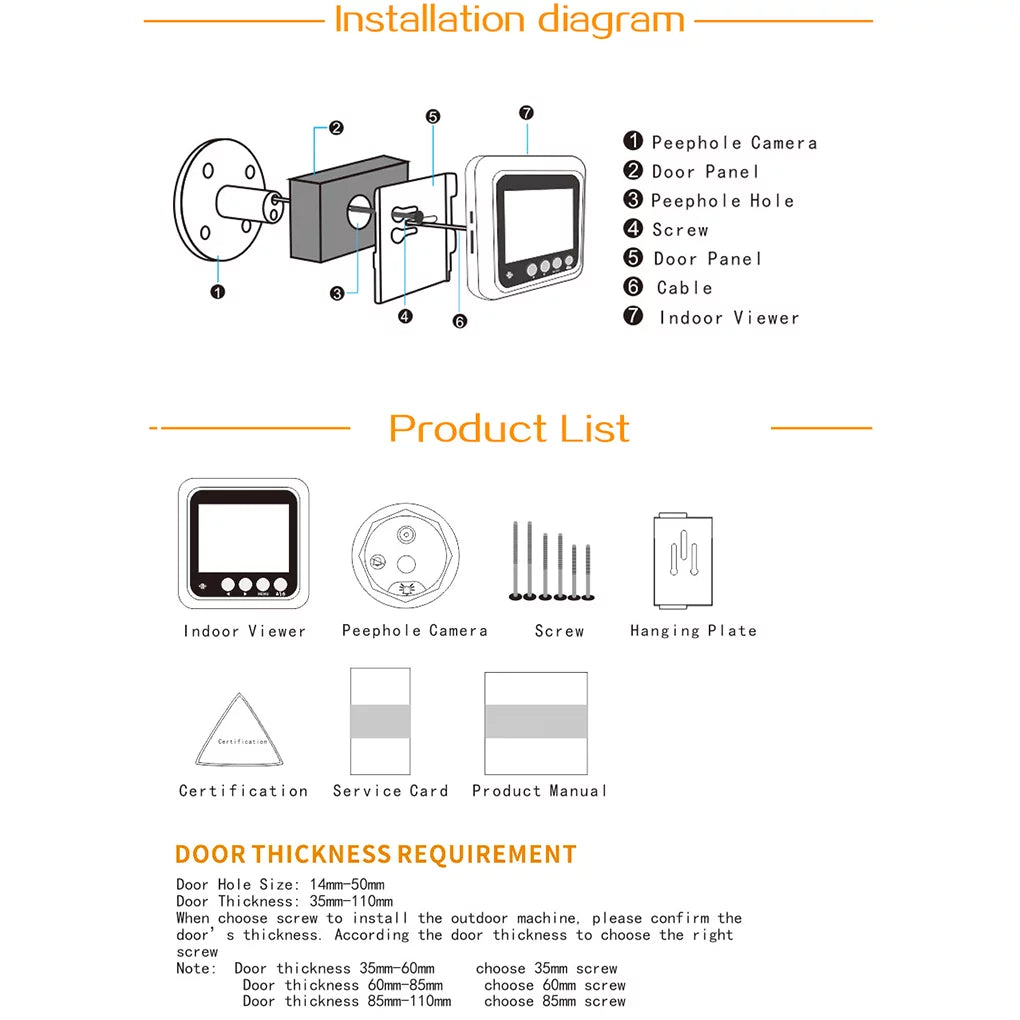 Door Wide Peephole inch Drilling Vision Bell Camera W5 Need Doorbell Night Cam Eye Video Angle 2.0MP Disturb No 2.4" Security Door Viewer
