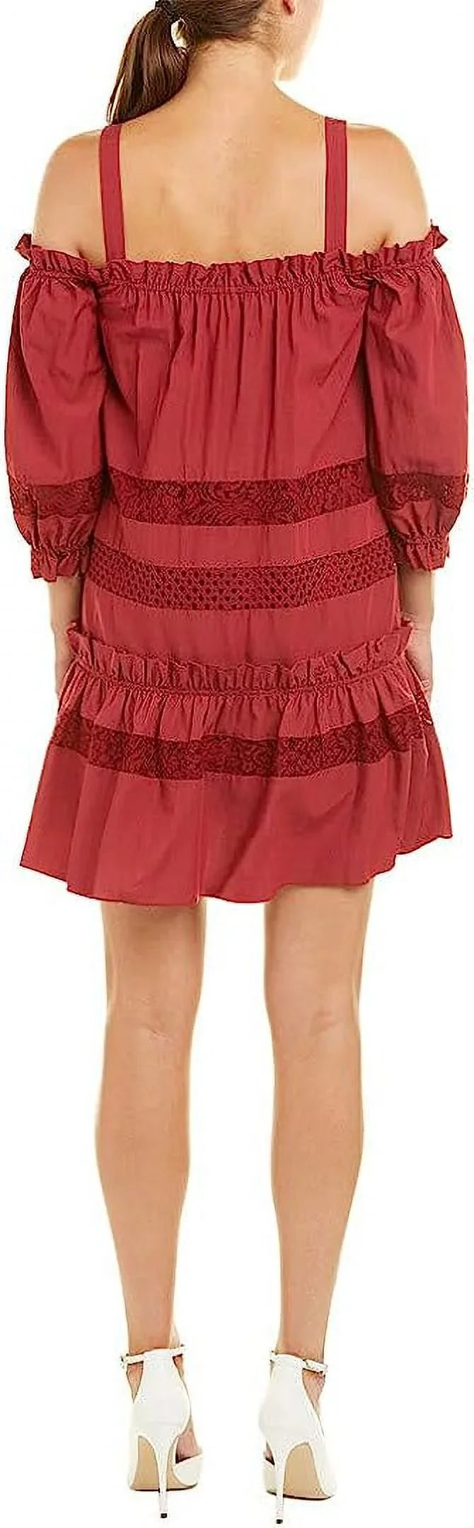 BCBGMax Azria Dress, RED, XS TIBETAN Insert Shoulder Lace Women's Cold