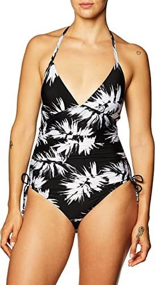 Printed Swimsuit, DKNY 18 Black/White, Adjustable Halter One-Piece Womens Side