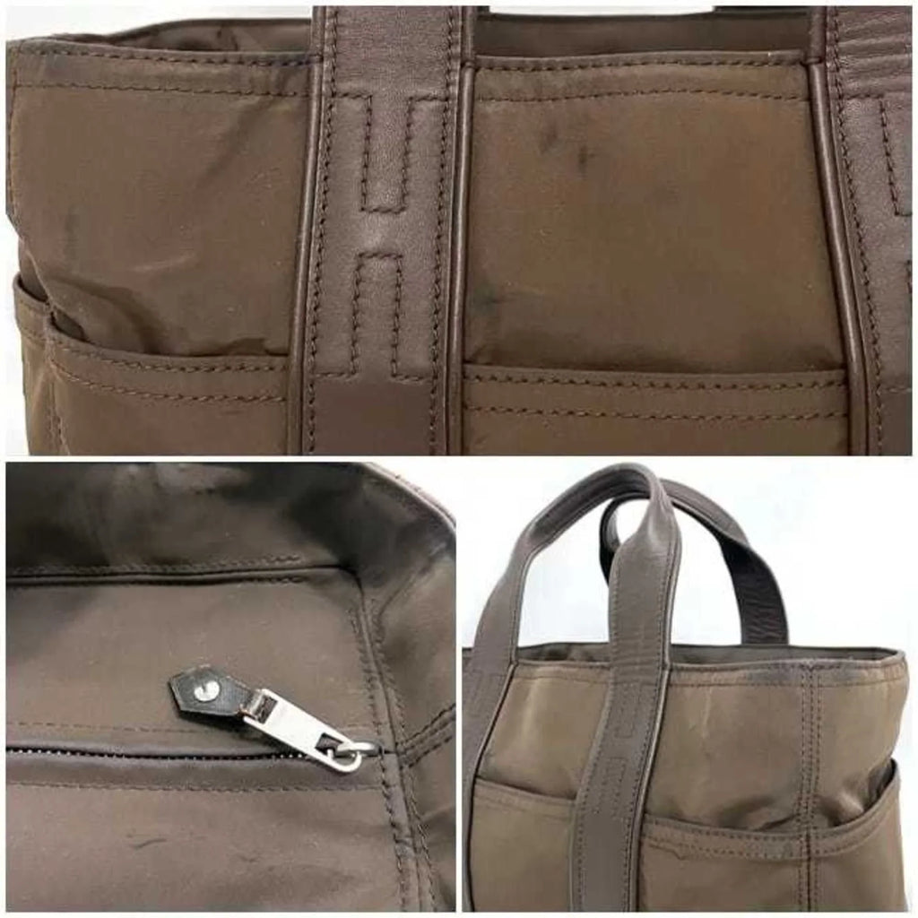 Leather PM Brown Silver HERMES Handbag Nylon Pre-Owned Women's Acapulco Tote Hermes (Fair) Bag