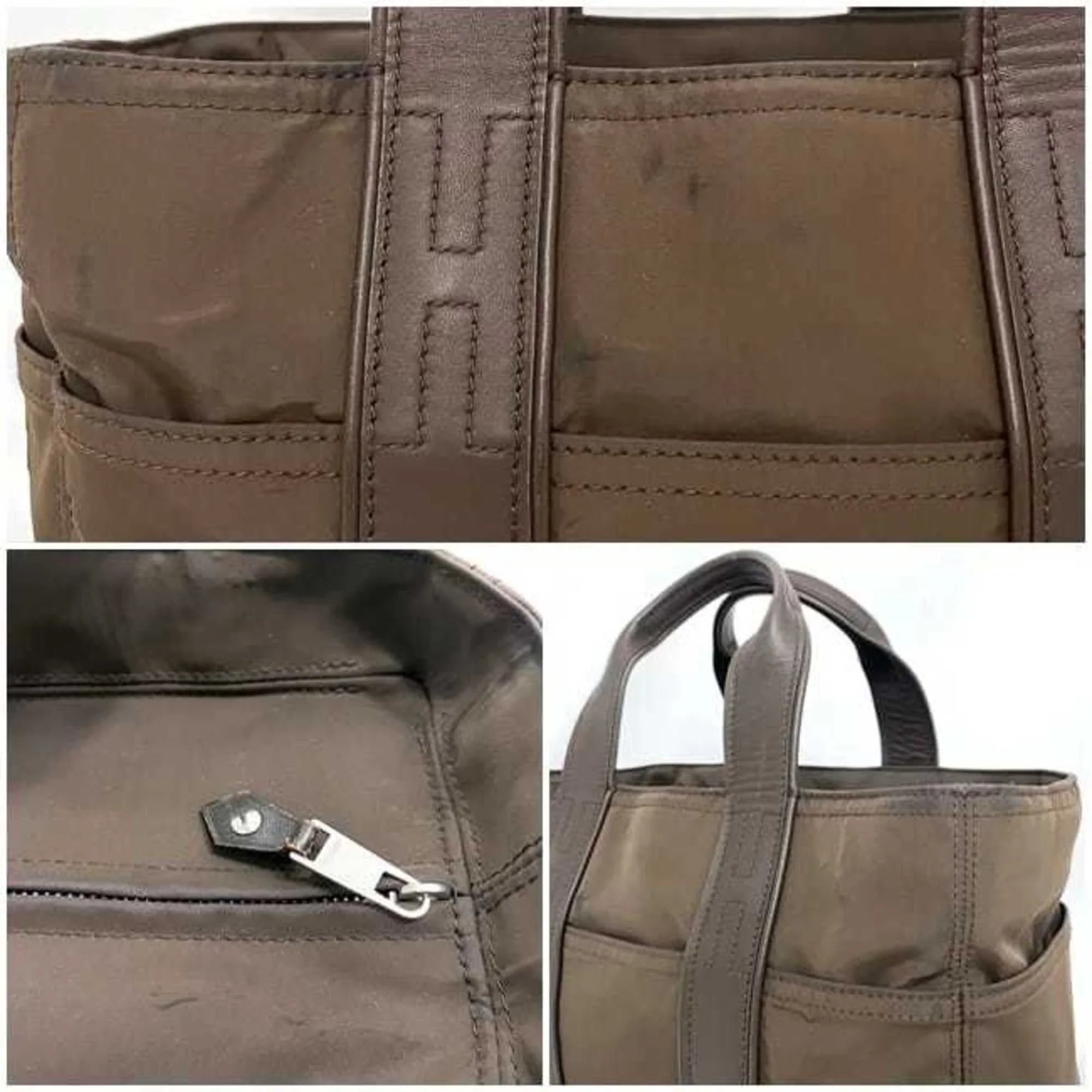 Leather PM Brown Silver HERMES Handbag Nylon Pre-Owned Women's Acapulco Tote Hermes (Fair) Bag