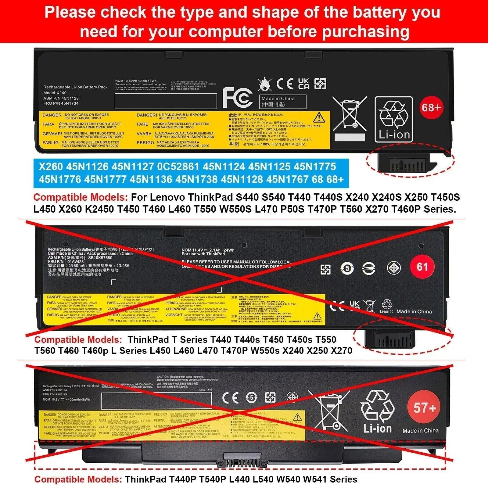 T440 X240 11.4V X250 Laptop Notebook ThinkPad T550 45N1775 X260 X240s 24Wh Replacement T450 for Battery Lenovo 68