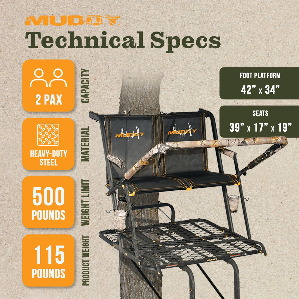 MLS2601 2 Ladder Tall Stand Hunting Tree 20 Ft Muddy Deer Nexus XTL Person